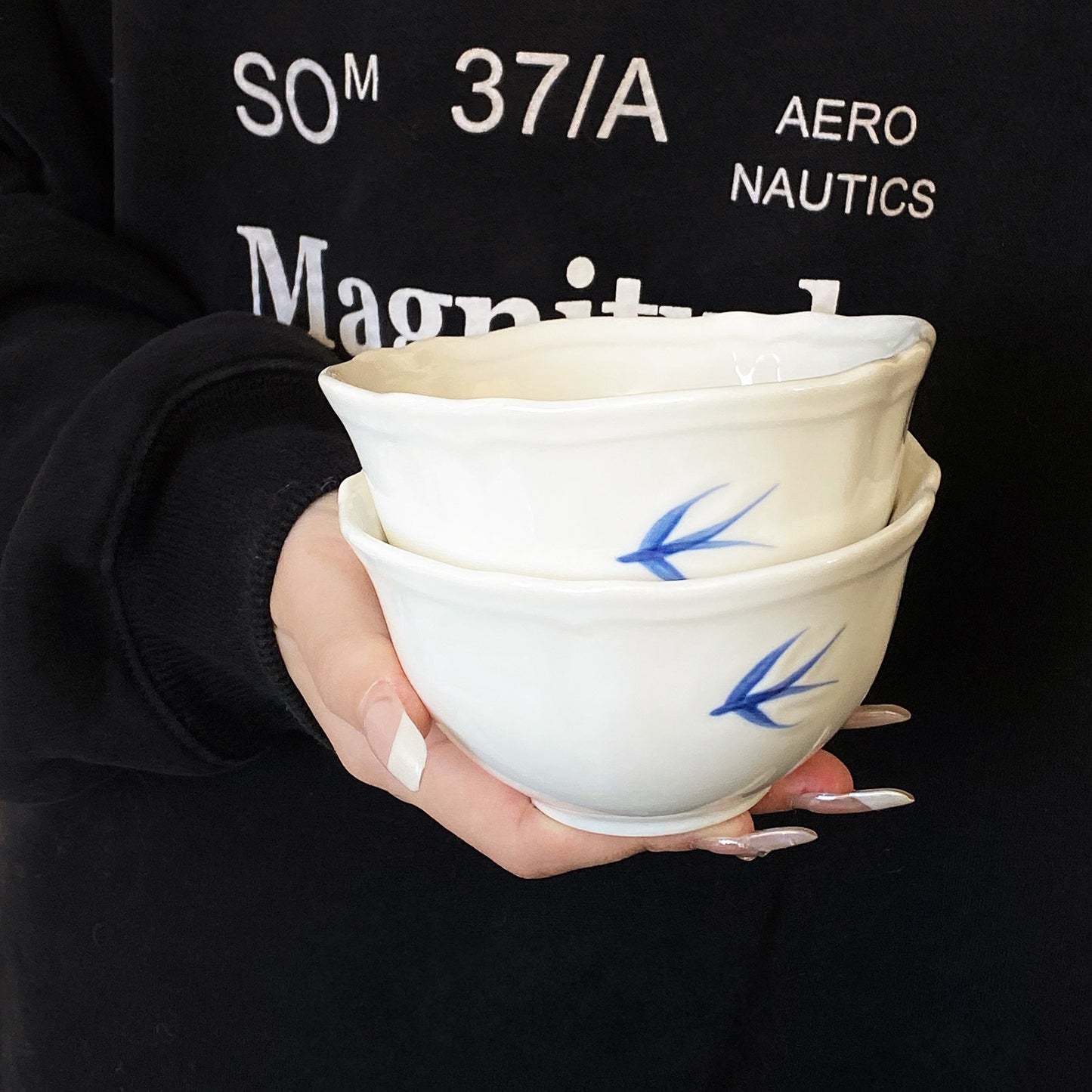 Ceramic Rice Bowl with Swallow Design, 4.5 Inch