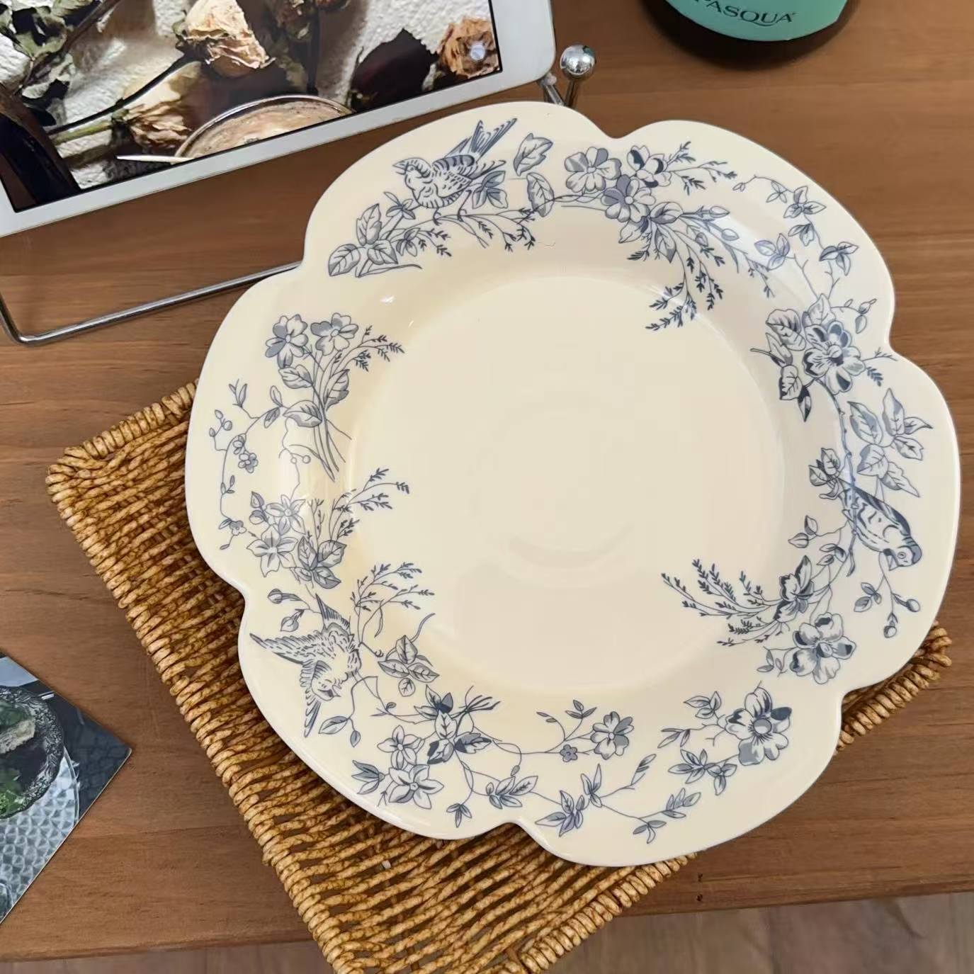 Ceramic Dinner Plate with Embossed Floral Design, 9 Inch